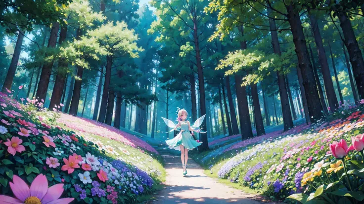 The backdrop is a peaceful, colorful setting in a vibrant forest, uninhabited and full of flowers. Glowing little fairies are flying around. Background only.