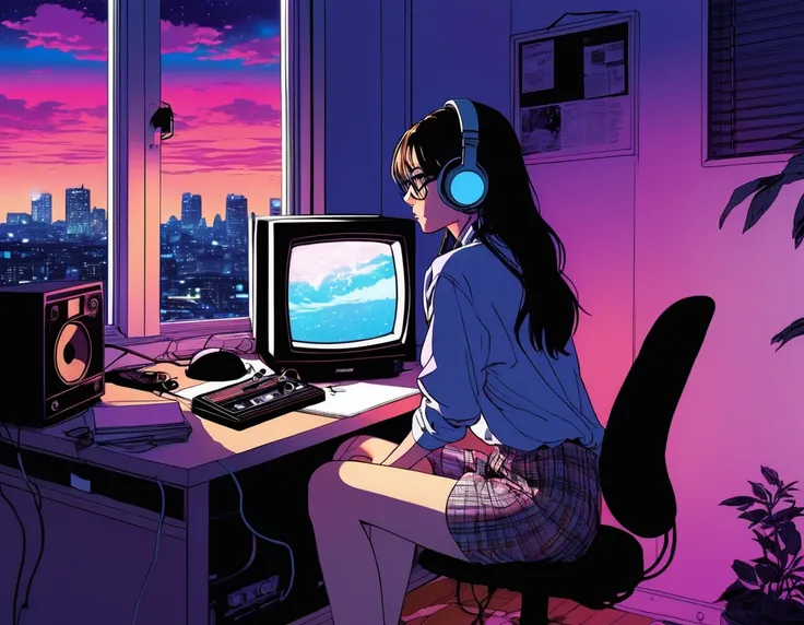 XXMix,Silhouette of frightened woman hiding in a 1980s radio station, neon light, in the style of coloring book comic, full body, raw hand drawn style, (from behind), Anime girl sitting in front of a computer in a cozy bedroom, Girl listening to music whil...