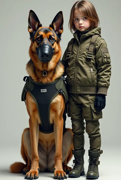 A German Shepherd in a dog camouflage suit sits and looks at the camera with a deaf black leather muzzle, shoes on his paws and a harness. There is a girl in a camouflage suit standing behind