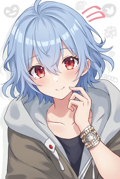 Light blue hair。Red eyes。Medieval boys。
Cute Smile。Energetic and kind。
Wearing a hoodie、The hood is not covered。clothes。
Social media icons。

