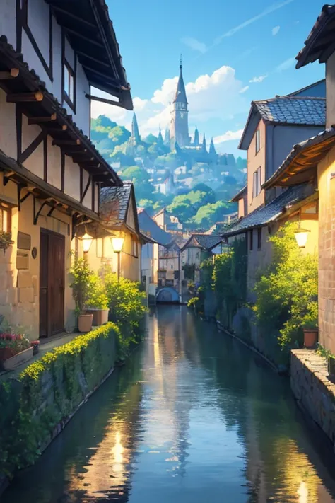 Beautiful world, 50mm lens,A magnificent view from the bottom of the hill,City of Water,Townscape of medieval Europe,Shining at night,Countless waterways,A scene from a movie,Your Name。