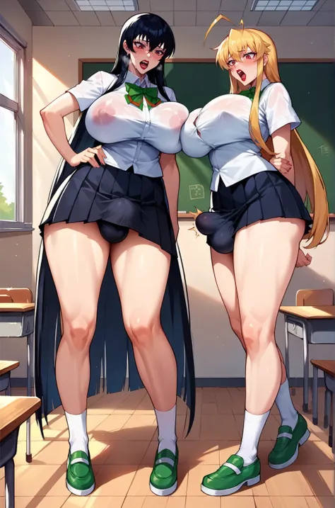 score_9,score_8_up,score_7_up, source_anime, cel shading, duo, ((full body)), ((futanari Japanese highschool girls)), ((Japanese highschool girls uniform)), black skirt, long black hair with blunt bang, blonde hair, expressive, dynamic, thick full red lips...