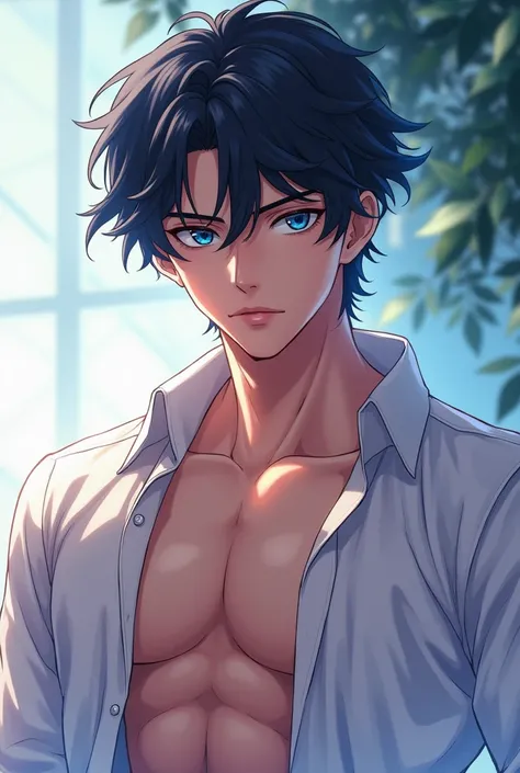 Beautiful handsome, muscular boy with slightly wavy black hair, blue eyes in anime style picture 