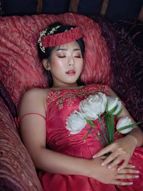 in a striking 8k hdr scene, a stunning korean woman, 22 years old, lies peacefully in a coffin and coffin cover surrounded by pl...