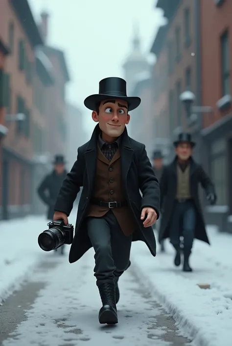 A 3d animation Pixar style in his thirties. In the nineteenth century AD. Running away from something in an old city. The city is in winter and there is snow. He holds an old camera in his hand. The man is wearing black boots. Flat hat. The character Pixar...