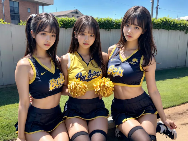 masterpiece, best quality, illustration, Super detailed, fine details, High resolution, 8K,wall paper, perfect dynamic composition,(Details High quality, realistic depiction of eyes:1.3), (3 girls), BREAK (cheerleader uniform with yellow as basic color:1.3...