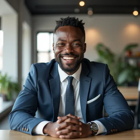 Image of an African-American male office worker resting while faced forward, smiling, looking confident and excited pose