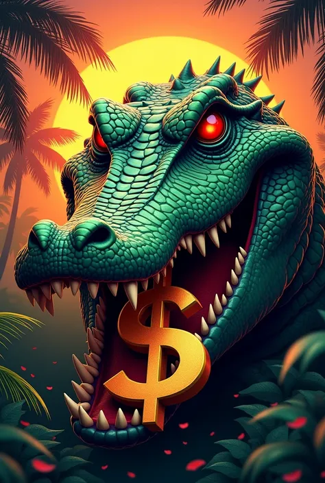 Crocodile head, Green,red eye,Dollar Symbol im Maul,palm trees, sun set 