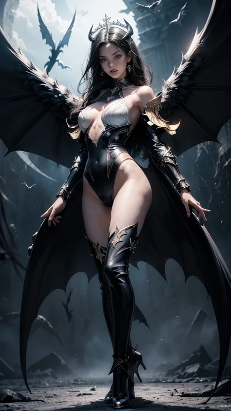 emphasis on wings, wings on shoulder, angel wings and devil wings, white wings and black wings, (realistic picture, highest reso...