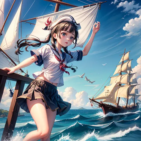 one girl（８age）, pirate, highest quality、cinema lighting、sailor suit、long skirt、 sailboat（galleon）on the mast、white panties,