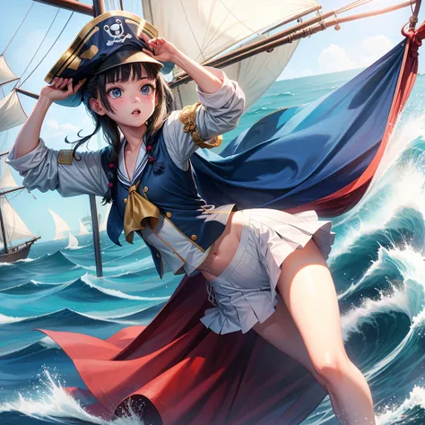 one girl（８age）, pirate, highest quality、cinema lighting、sailor suit、long skirt、 sailboat（galleon）on the mast、white panties,