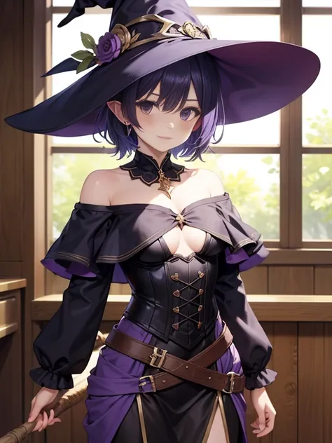 Witch in Armor,Purple short hair,Pointed Ears,off shoulder