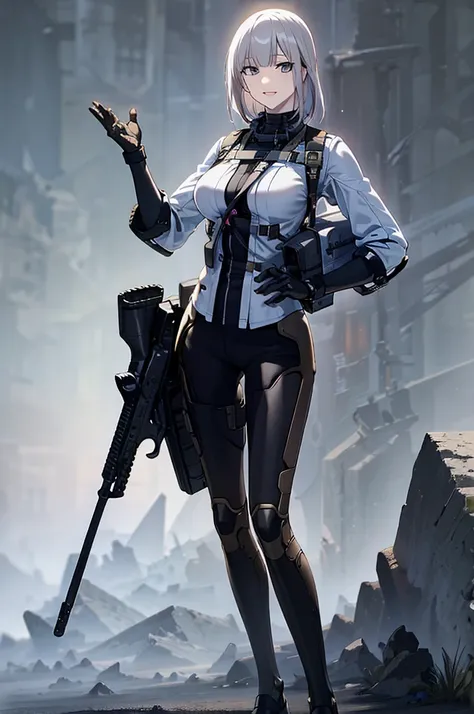 holding_gun, assault_rifle, very detailed, brown hair, anime style, whole body, alone, stylish gunfighter girl, holding a steamp...