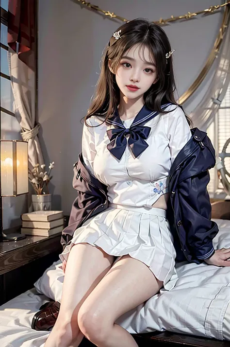 JK_style
short-sleeved JK_shirt
short-sleeved JK_sailor
JK_suit
JK_tie (best quality, masterpiece:1.2), Extremely detailed, (Practical:1.37), beautiful, youth, Glamorous model, Warm colors, ((A full body perspective，Naturally bent knees，Skin is firm and sm...