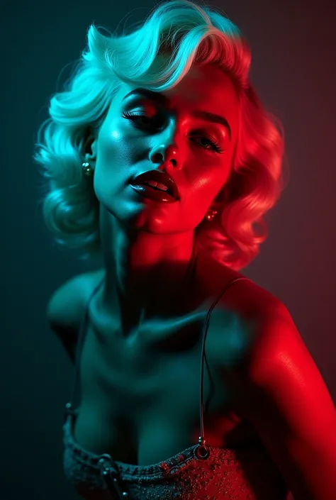 Marilyn Monroe with blue-green lights illuminating most of it and red lights coming from below in a studio with an empty background