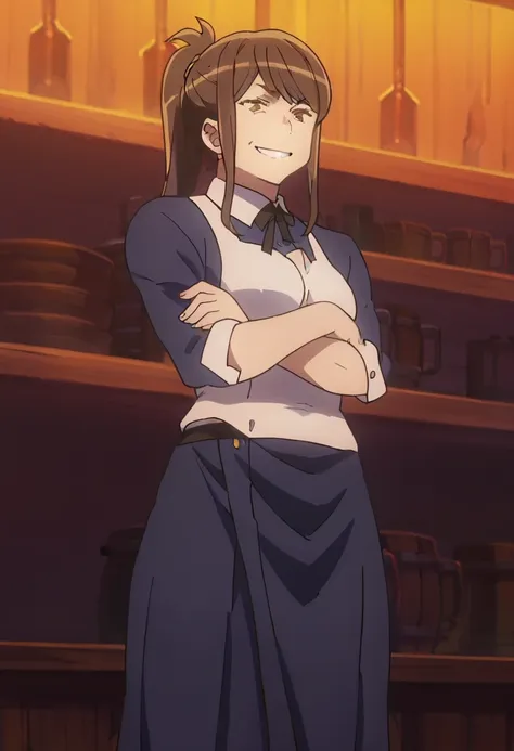 mia grand, anime screencap, 1 girl, solo, full body, bar, smirk, crossed arms, standing,