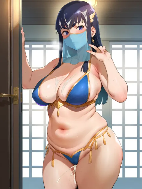 score_9, score_8_up, score_7_up, score_6_up, source_anime, BREAK by ikuchan kaoru, iku, clean color, flat color, indoors, presenting, 1girl, milf, aftersex, blush,  entrance, door, break, ((arabian clothes)), belly dancer, face veil, veil, loli, huge thigh...