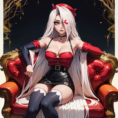 sitting on a sofa, spreading her legs,(masterpiece, best quality:1.4), absurdres, highres, ultra detailed, beautiful, (secretary), (perfect face, detailed face, beautiful:1.3),(natural breasts, cleavage), collarbone, fingerless gloves, gloves,spaghetti str...