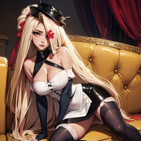 sitting on a sofa, spreading her legs,(masterpiece, best quality:1.4), absurdres, highres, ultra detailed, beautiful, (secretary), (perfect face, detailed face, beautiful:1.3),(natural breasts, cleavage), collarbone, fingerless gloves, gloves,spaghetti str...