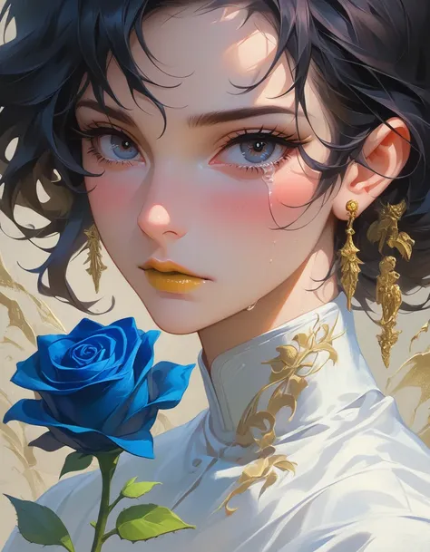 print to mix color. perfect simetria. BLUE rose in the middle positioned next to the face of a beautiful lady scene adlt 18 with intense eyes who crying a tear and golden lips.. Blush, reflection, trod. illustration, cinematic lighting. view from the ceili...