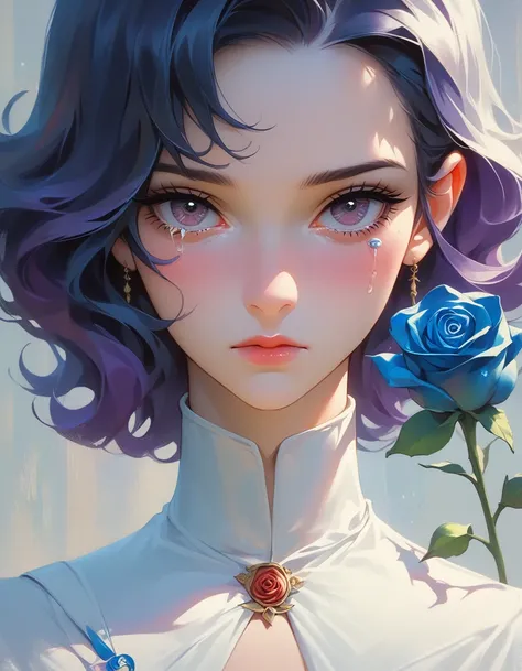 print to mix color. perfect simetria. BLUE rose in the middle positioned next to the face of a beautiful lady scene adlt 18 with intense eyes who crying a tear and golden lips.. Blush, reflection, trod. illustration, cinematic lighting. view from the ceili...