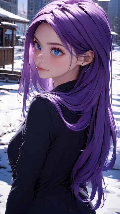 1 girl, medium light purple hair, light blue eyes, wearing black suit, city, absurdres, high res, ultrasharp, 8K, masterpiece, looking from behind