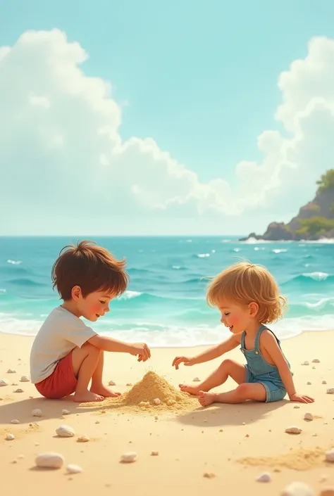 2 kids playing with sand near the sea 
