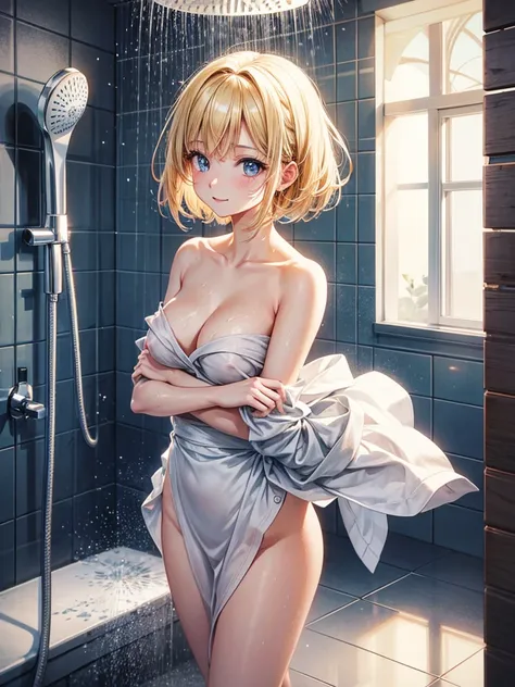 Anime style, super fine illustration, highly detailed, beautiful detailed, pale tone image, static representation, gentle expression, 8k, Angle from behind, pretty 1girl with blonde straight short hair & blue eyes & a bright smile & big breasts & soft fair...