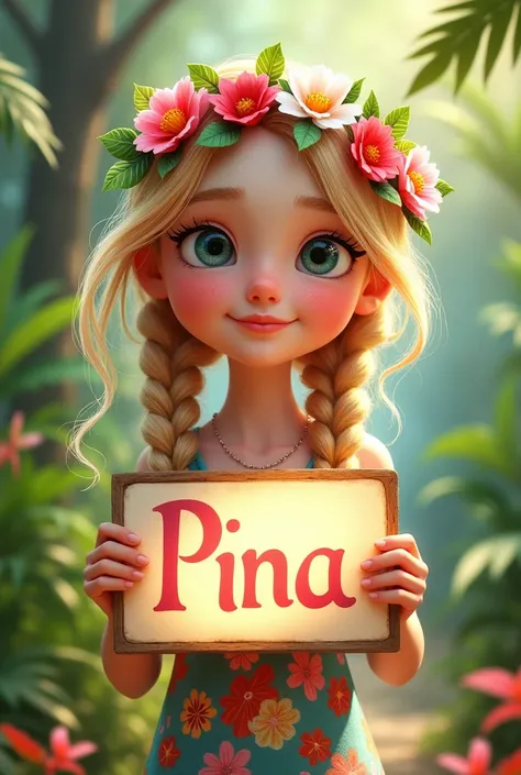 Mexican doll with braids, White-skinned girl with a flower crown and a sign with the name “Pina”