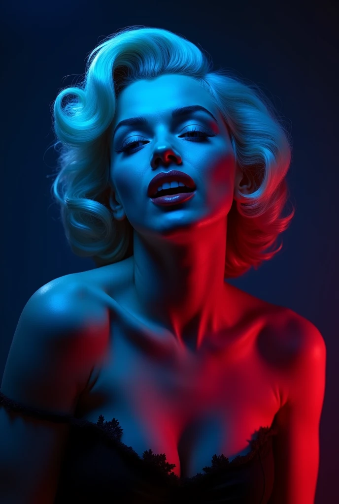 Portrait of Marilyn Monroe with blue lights illuminating most of it and red lights coming from below in a studio with an empty background