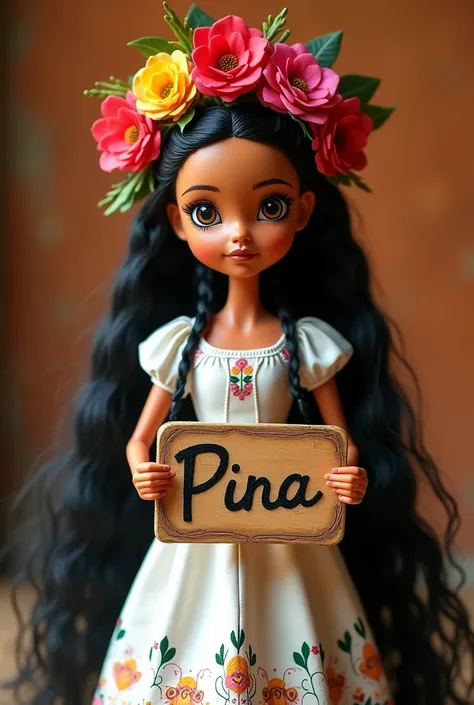 Mexican doll with braids, Black hair, Mexican white leather dress with a flower crown and a sign with the name “Pina”