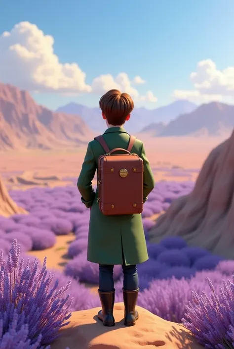 A 3d animation character from behind. Brown hair. From the 1900s. Wearing a long vintage greenish jacket. Male Age of 30s. Pixar style. Standing in a top of small mountain. Looking to a large land of lavender flowers and desert. Wearing a long black boots....