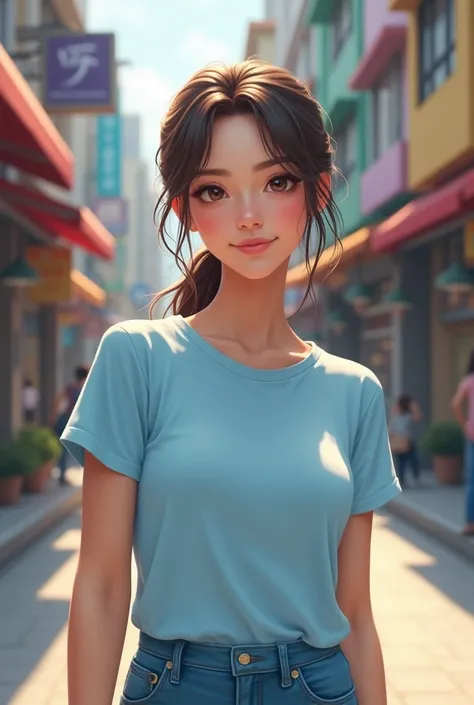 Western brunette girl in light blue round neck T-shirt without label on a city street
