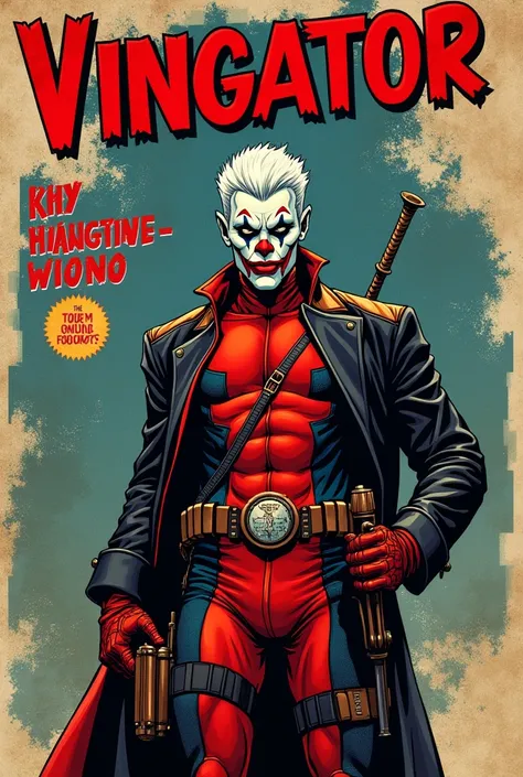 Old style marvel comic book cover ,with a character with clothes deadpool jumpsuit joker jacket face with clown makeup white hair, with title of "vingator"