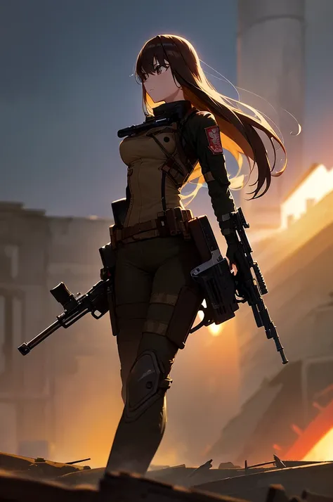 holding_gun, assault_rifle, Very detailed, Brown Hair, Long Hair, Anime Style, whole body, alone, Stylish Gunfighter Girl, Holding a steampunk long barrel pistol,Standing in the wasteland, 8K high resolution, White Background, In the spotlight, The backgro...