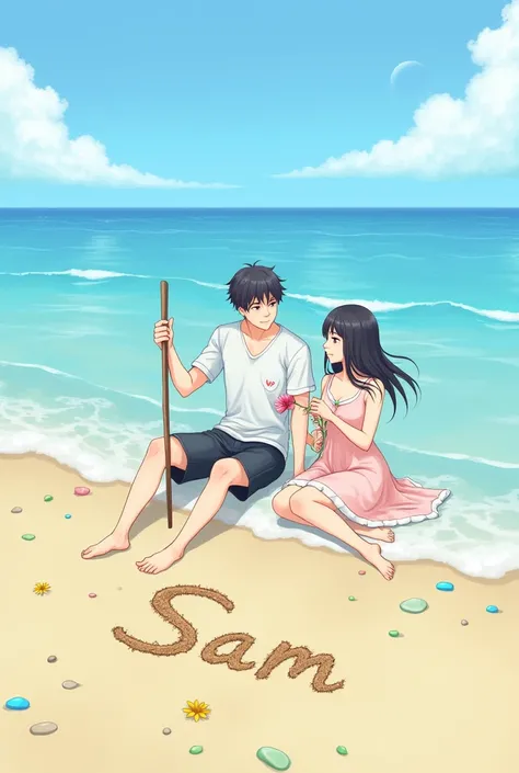 A serene beach scene where a young man and woman are sitting close to the waters edge. The young man is holding a stick and has written the name Sonu in the sand. Beside him, the young woman holds a flower and is in the process of writing the name Sam in t...