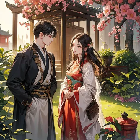 Title: "Renaissance in the Secret Garden"
Main Scene: A young girl in an elegant Chinese ancient style dress, with long dark hair, standing in a small garden with exotic flowers and wooden carts in the background. She has an expression of love and determin...