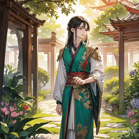 Title: "Renaissance in the Secret Garden"
Main Scene: A young girl in an elegant Chinese ancient style dress, with long dark hair, standing in a small garden with exotic flowers and wooden carts in the background. She has an expression of love and determin...