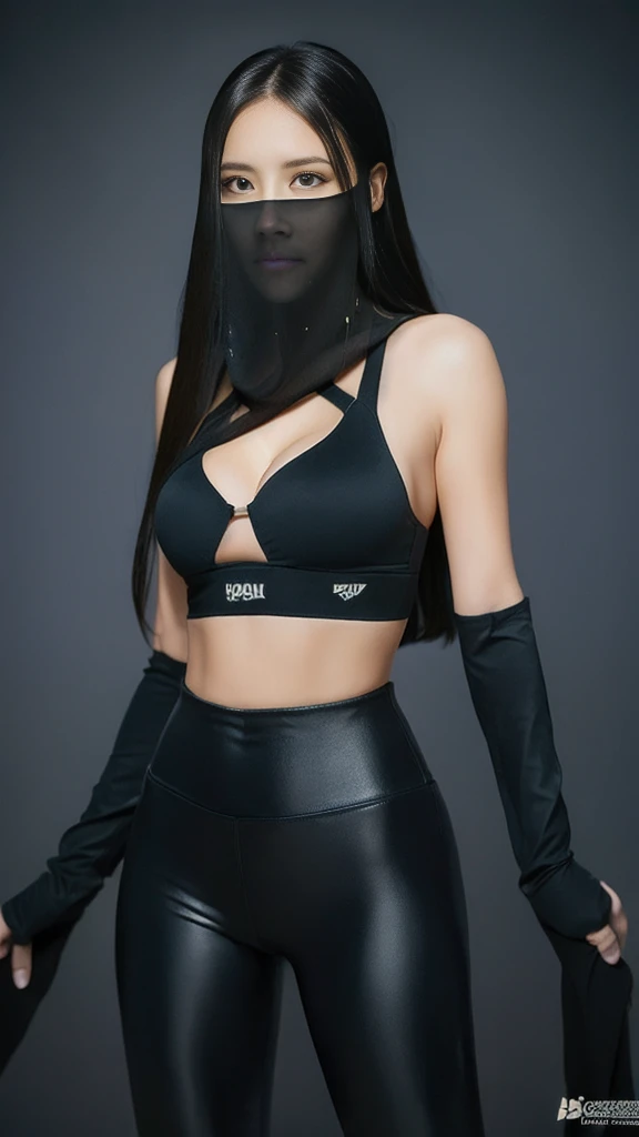 （lifelike， high - resolution：1.3），full body , 1 girl with a perfect body， Super fine face and eyes，slong hair， diamond midriff of black colors：1.2， black shiny leggings，face veil,   big boob，Expose cleavage, ninja pose, satin gloves.