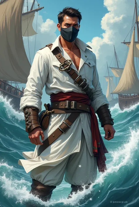 Create a short haired pirate with a mask and white clothes for a 2d RPG