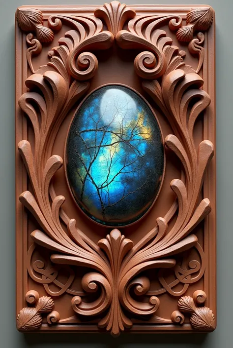 Sculpture en bas-relief en argile représentant un dessin inspiré des ornements baroques où serait incrustée un cabochon de pierre de Labradorite 