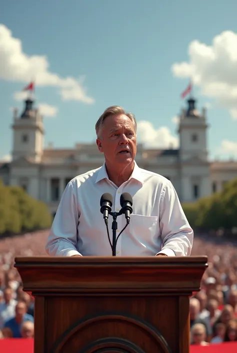 I want a man in a shirt in a realistic image speaking into a microphone on a political platform in an outdoor environment