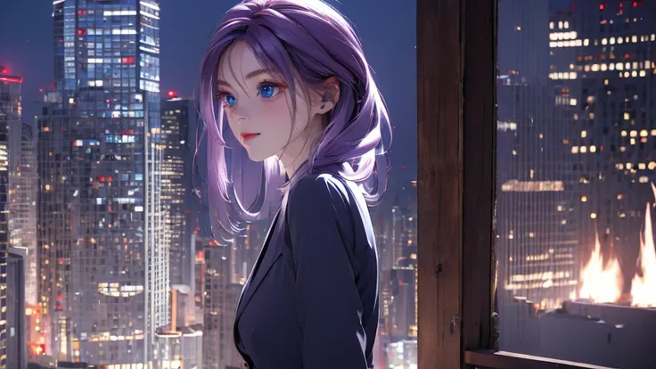 1 girl, medium light purple hair, light blue eyes, wearing black suit, city, absurdres, high res, ultrasharp, 8K, masterpiece, looking from behind