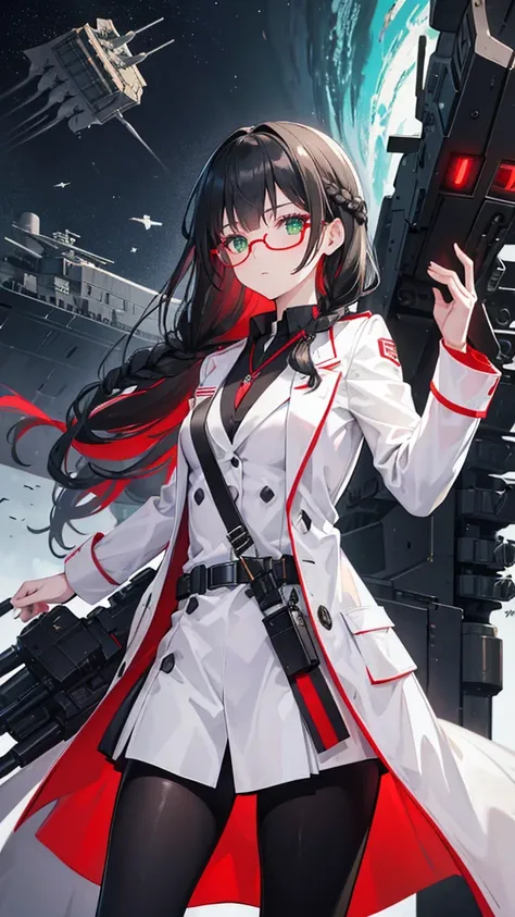 High resolution,woman,Small size,Black Hair,Double Braid Hairstyle,Bang bang,Green Eyes,Red glasses,In formal attire,uniform,White coat,Dark look,warship,ship aircraft carrier, Futuristic, sf, warplane, space, war