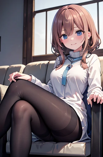 1 girl, alone, miku nakano, Medium Hair, Brown Hair, blue eyes, Mature Woman, smile, Captivating look, Sexy posture, Blue headphones around the neck, Beige shirt, Long sleeve, Turtleneck shirt, Navy blue dress, Sundress, Black Pantyhose, Black high heels, ...