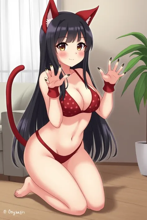 1 girl,red tabby print bikini,catsuit with cat ears claw pose,long black hair,kneeling,living room