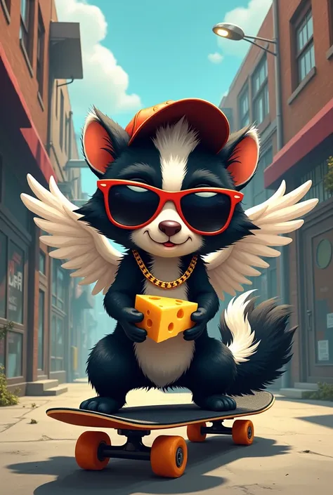 skunk,sunglasses ,Gold chain, Cheese,Skateboard,Urban, Angel wings,baseball cap