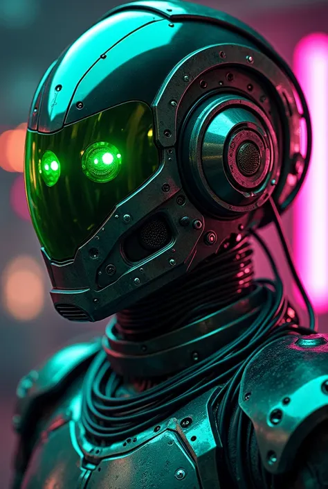 Futuristic helmet, warlock, neon green, metal, CGI, high definition, cyberpunk, robot, Blade Runner, blue lights, glowing, pink neon light, Predator, heat vision, LCD screen, 80s tech, buttons, cables, Voltron, weed, psychedelic, trippy, comic style, drawi...