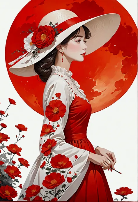 artistic paint art of a lady wearing hat and frock next to the red moon on a white background