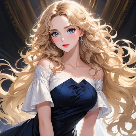 Tall Mature Women With Long blonde curly hair and Dark Blue Eyes , With Long black Eyelashes , Wearing Half sleeve White dress , Half portrait, Big chest , Hyper detailed eyes , hugh resolution, High quality, 4kHd , Masterpiece, pinl Lips 